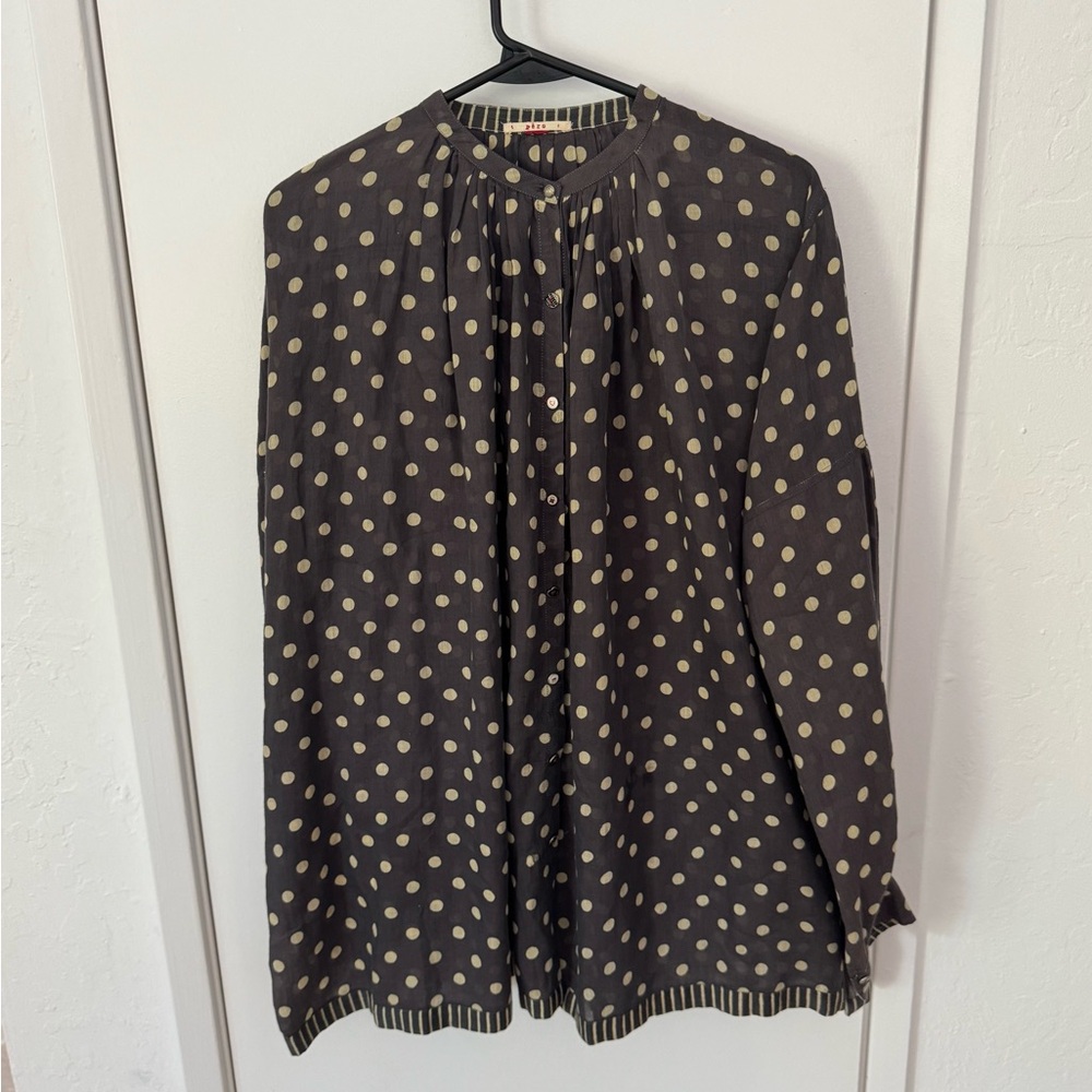Péro Long Sleeve Polka Dot Cream and Midnight Button Down Top